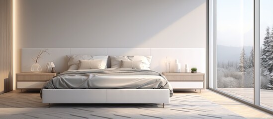 Minimalist Scandinavian bedroom with large window fur carpet herringbone parquet modern interior design illustration