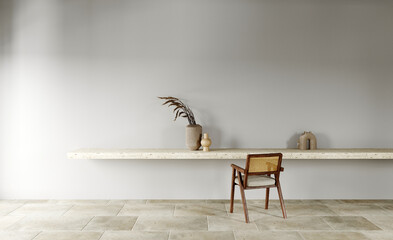 Workplace with console stone table and wooden chair. Table decor with clay and ceramic vases, Balinese style. 3d render. 