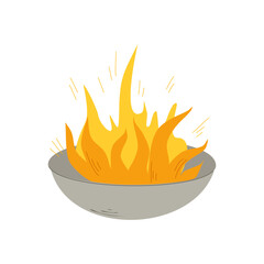Vessel with fire vector illustration. hand drawn fire bowl. Flame with sparks. Ritual fire. Isolated 