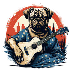 A contemplative pug dog wearing an American Flag Day t-shirt adorned with an intricate guitar illustration, positioned on a solitary hill overlooking a sprawling city at dusk, Generative Ai