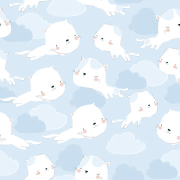Seamless Pattern with Cute Cartoon Cats flying on the Sky