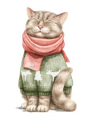 Watercolor cute Christmas smiling little cat kitten character in winter knitted sweater and scarf isolated on white background. Hand drawn illustration sketch