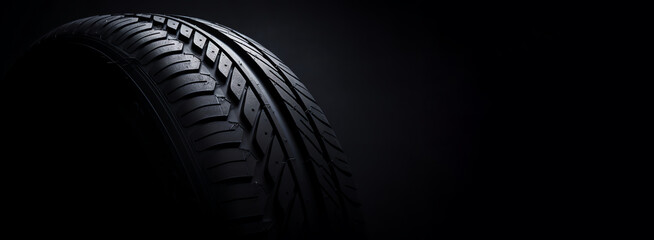 New car tire. Road wheel on dark background. Summer Tire with asymmetric tread design. Driving car concept. Copy space. Generative AI