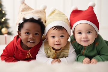 Group of three smiling multiethnic babies, wearing Christmas clothes, on white background.