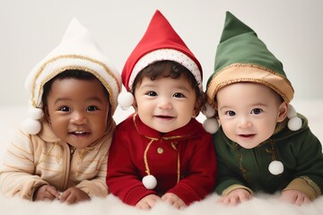 Group of three smiling multiethnic babies, wearing Christmas clothes, on white background.