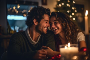 Happy young couple having dinner at home for Christmas - obrazy, fototapety, plakaty