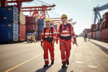 Dock workers walking through the container yard. Container yard port of import and export of goods.