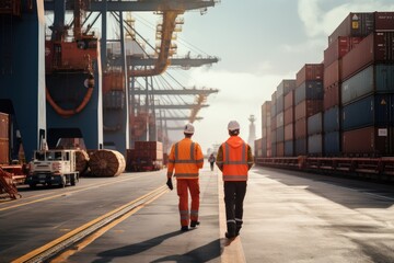 Dock workers walking through the container yard. Container yard port of import and export of goods. - Powered by Adobe