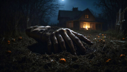 Mysterious Zombie Hands Coming Out From The Ground at Dark Halloween Night.