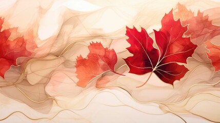 Watercolor works of maple leaf with gold lines