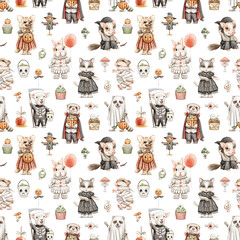 Seamless pattern with vintage variety set of halloween funny cute animals in scary costumes and variety of spooky objects isolated on white background. Watercolor hand drawn illustration sketch