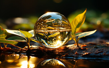 A glass ball sitting on top of a puddle of water