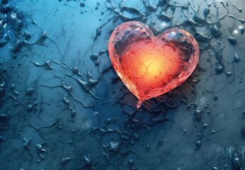 A red heart frozen in ice as a symbol of betrayal in love. Hope glimmers in the heart. Cold feeling. Illustration for cover, card, postcard, interior design, decor or print.