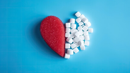 A heart making of half a red heart and sugar cubes on a blue background. Banner with copy space. World diabetes day, November 14