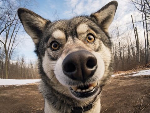 Close-up portrait of a wolf. Detailed image of the muzzle. A wild animal is looking at something. Illustration with distorted fisheye effect. Design for cover, card, postcard, decor or print.