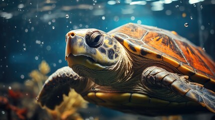 A close-up of a turtle swimming in the ocean with clear blue water. Illustration for cover, card, postcard, interior design, decor or print.
