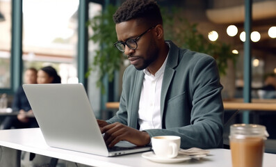 Fototapeta premium businessman on a wooden table using his laptop computer.