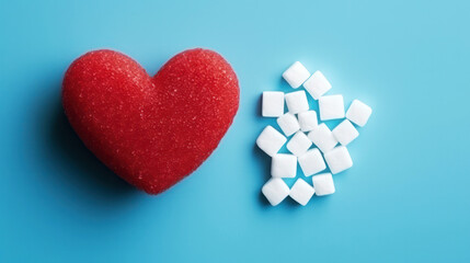 A red heart and sugar cubes on a blue background. World diabetes day, November 14