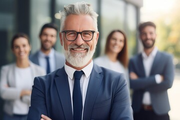 an attractive business man smiles in front of colleagues