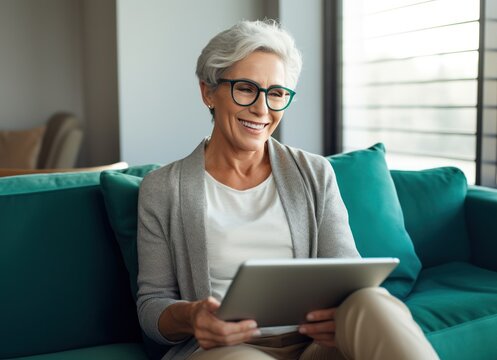 Older Woman Is Using Tablet Computer Sitting On Couch