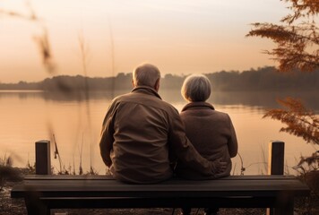 a picture of an older couple sitting by the water.
