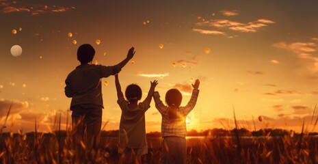 Fototapeta premium an orange sunset scene with young children waving in the.