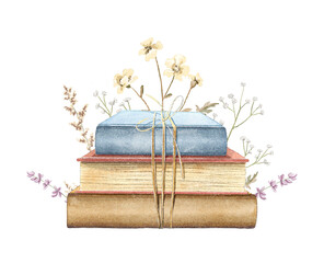 Watercolor vintage composition with old stack of closed books in different colors with meadow dried flowers isolated on white background. Hand drawn illustration sketch