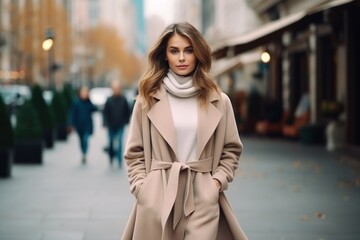 young woman wearing a beige coat and walking on a street.