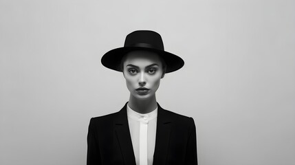 A stylish black and white fashion portrait with a trendy hat