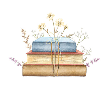 Watercolor vintage composition with old stack of closed books in different colors with meadow dried flowers isolated on white background. Hand drawn illustration sketch