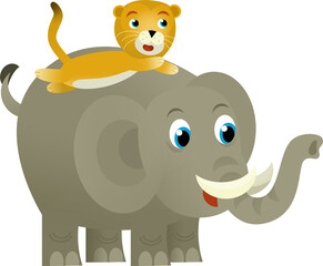 Cartoon wild animal happy young elephant with other animal friend on white background - illustration for the children