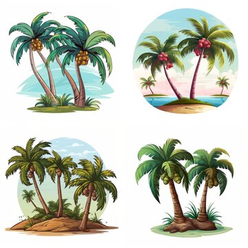 Set of cartoon palm trees on white background