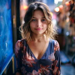 portrait of a beautiful teenage girl with the background of city lights. The girl is wearing a beautiful flower dress