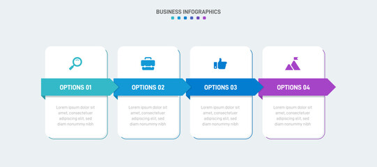 Timeline infographic with infochart. Modern presentation template with 4 spets for business process. Website template on white background for concept modern design. Horizontal layout.