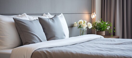 Contemporary hotel room furnished with a bed pillows and a place for customization