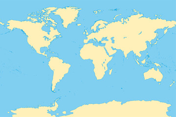 The world, general reference map. Map of the surface of the Earth with the landmasses of all continents, with largest lakes, oceans and seas, in a Miller cylindrical projection. Illustration. Vector.