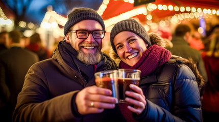 joyous couple raising and toasting their glasses filled with glühwein at a Christmas market - christmas markets concept