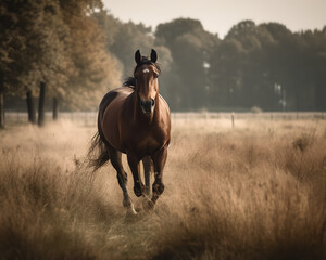 Fototapeta premium Dynamic Brown Horse Galloping in Lush Meadow - Generative AI