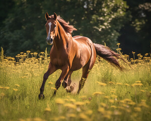 Dynamic Brown Horse Galloping in Lush Meadow - Generative AI