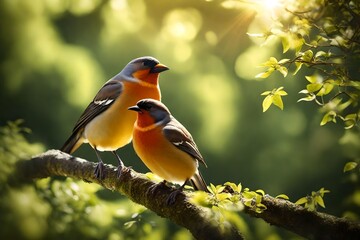 birds, chirping in a garden, on trees, in bright sunlight - obrazy, fototapety, plakaty