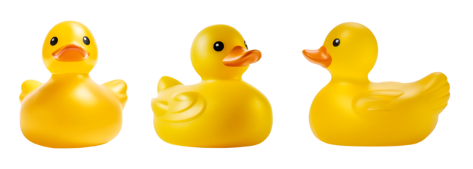 Yellow rubber duck on transparent background cutout, PNG file. Mockup template for artwork design. perspective positions many different angle, front side view

