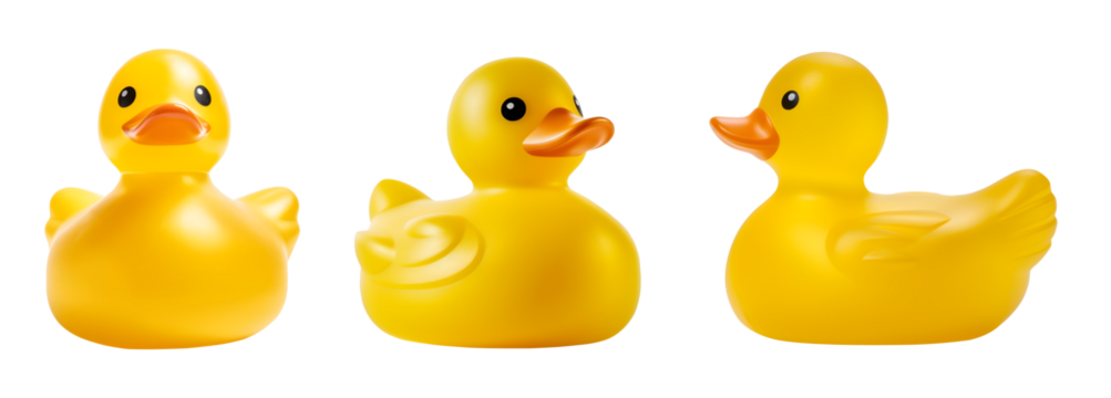 Yellow rubber duck on transparent background cutout, PNG file. Mockup template for artwork design. perspective positions many different angle, front side view
