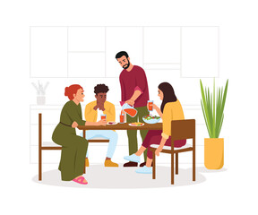 Vector illustration of a friendly meeting at the table. Cartoon scene with boys and girls sitting at a table with drinks, food and a kitchen silhouette isolated on a white background.