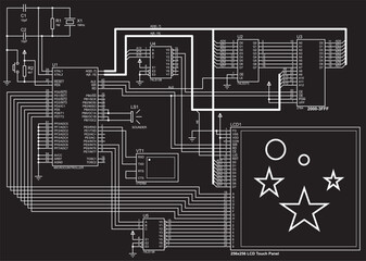 Vector electrical schematic diagram of the graphic lcd touch panel 
which runs under the control of a microcontroller. 
Design makes demonstrates how an cpu can be used to drive a touch panel.