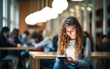 Teen girl student using mobile phone sitting at desk in university college campus classroom. Generative AI