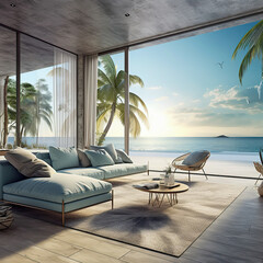 Ocean View Living Room with White Sofa, Beach Front Property - obrazy, fototapety, plakaty