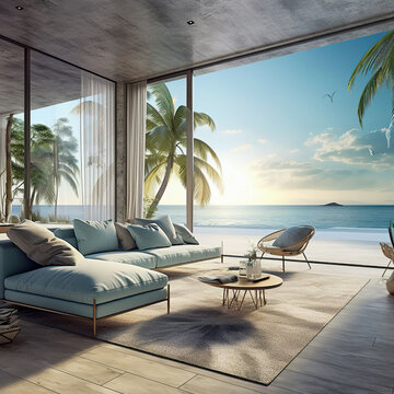 Ocean View Living Room with White Sofa, Beach Front Property, Generative AI