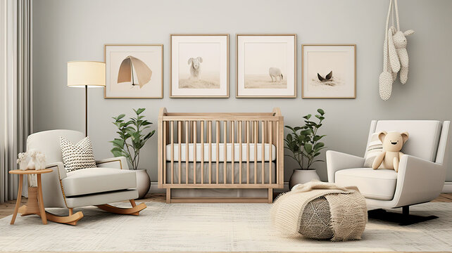Chic and Tranquil Nursery with Cozy Rocking Chair and Natural Accents