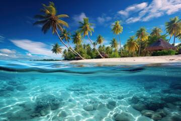 Fototapeta na wymiar Tropical island with coconut palms and underwater coral reef. Split view with waterline.