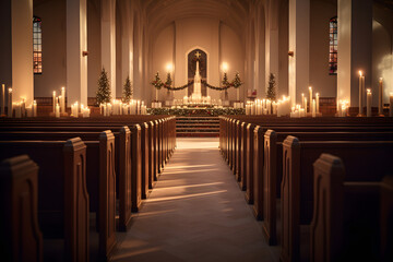 Photo of a candlelit church with rows of pews